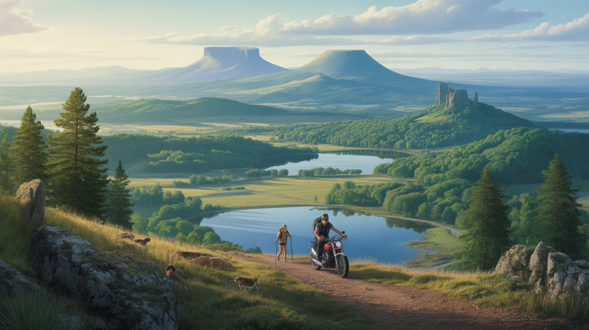 Partez-vous pour une escapade nature en Auvergne ? Illustration of the stunning volcanic landscapes of Auvergne, featuring the iconic Puy de DĂ´me.